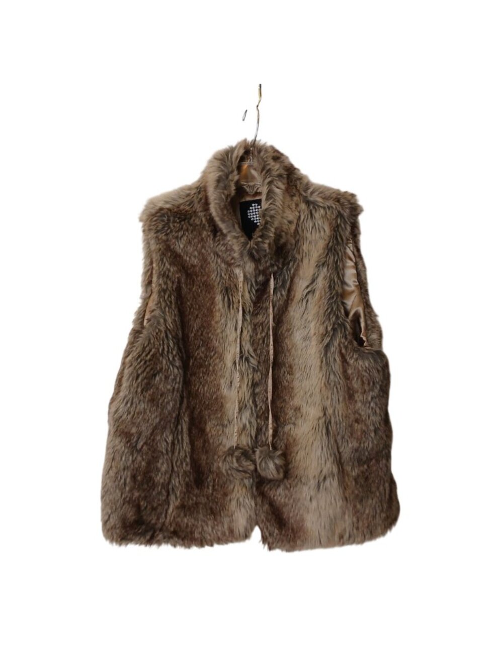 Brave Soul Sz M Faux Fur Vest Hook Front Brown Round Tassles Satin Lined #C-36 - Picture 8 of 10